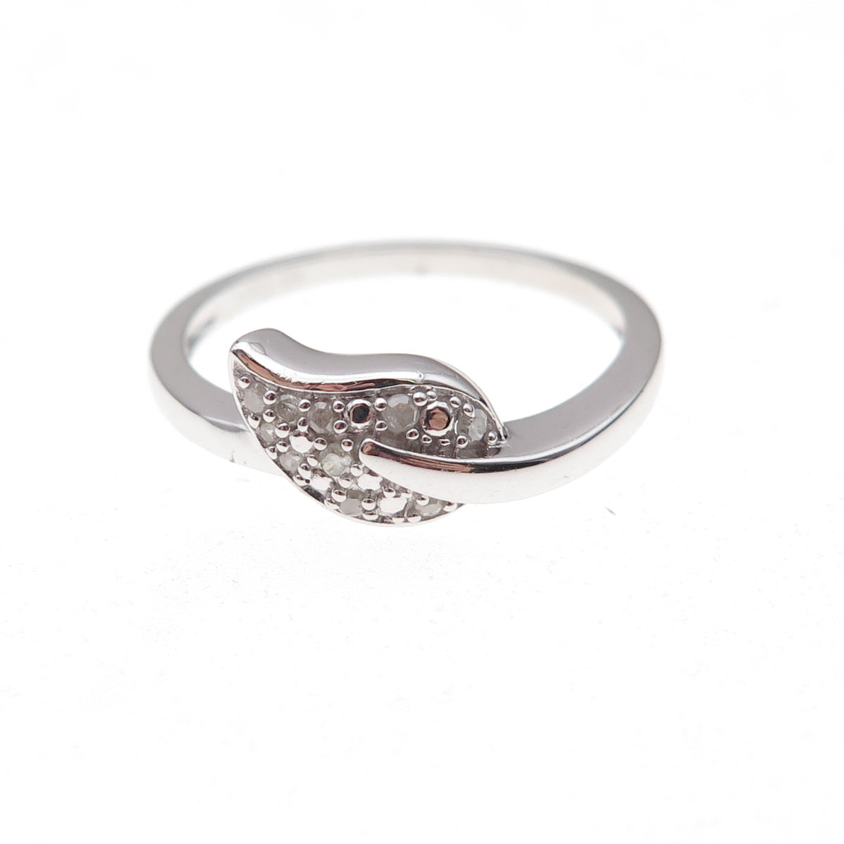 925 Sterling Silver Real Round-Cut Diamond Floral Leaf Ring Size 8