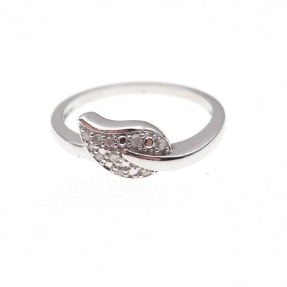 925 Sterling Silver Real Round-Cut Diamond Floral Leaf Ring Size 8