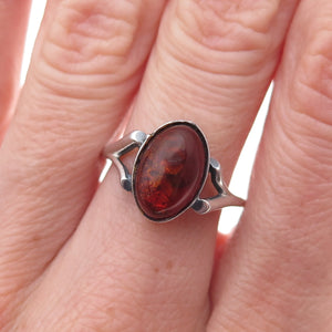 925 Sterling Silver Vintage Real Amber Oxidized Ring Size 6.5
