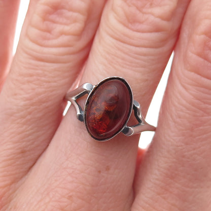 925 Sterling Silver Vintage Real Amber Oxidized Ring Size 6.5
