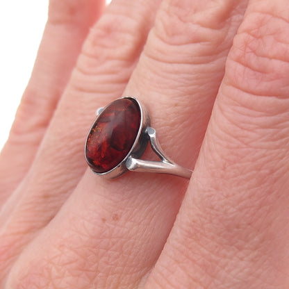 925 Sterling Silver Vintage Real Amber Oxidized Ring Size 6.5