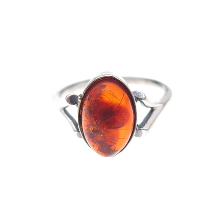 925 Sterling Silver Vintage Real Amber Oxidized Ring Size 6.5