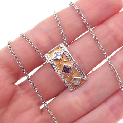 925 Sterling Silver Enamel Amethyst Blue Topaz & Citrine Rolo Chain Necklace 18"
