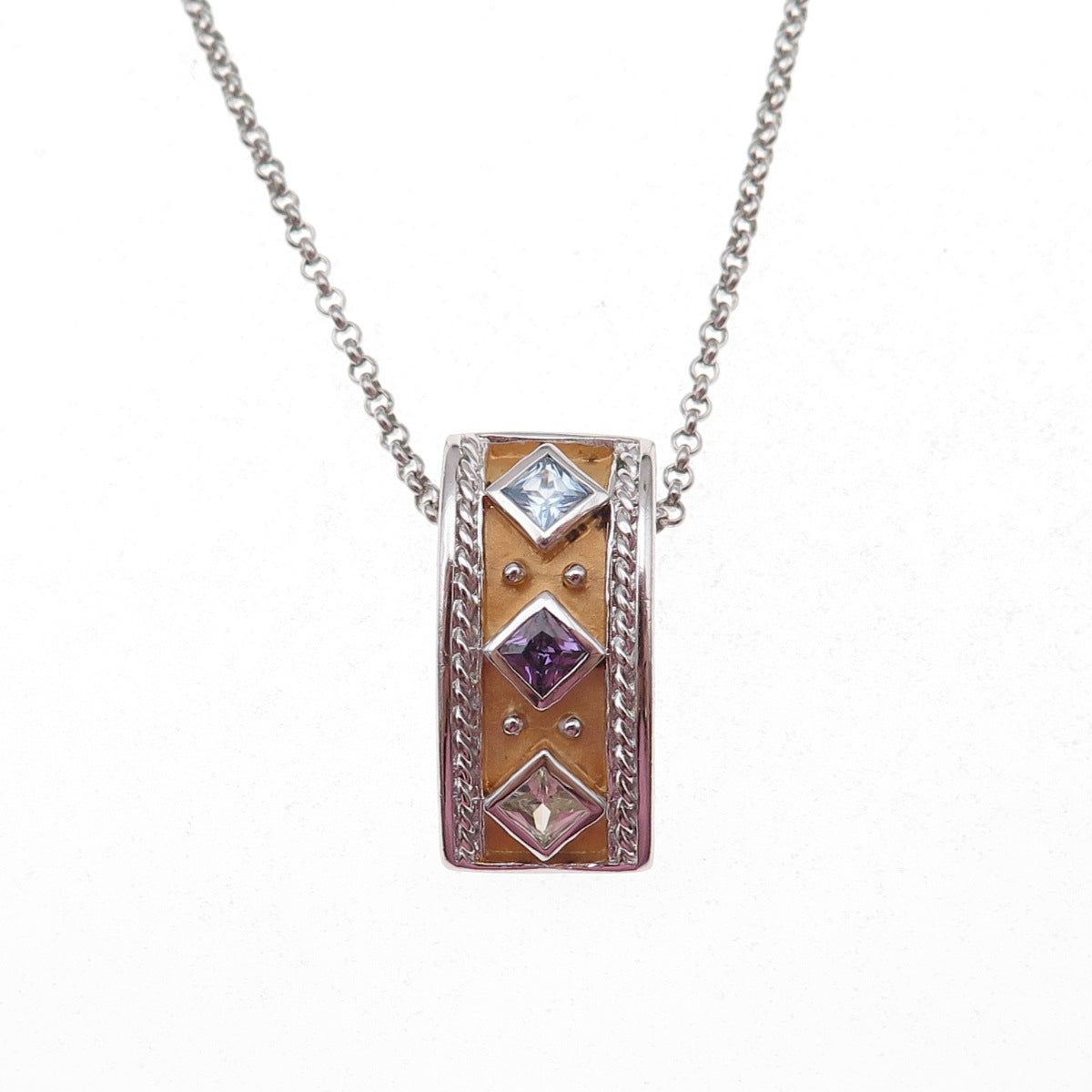 925 Sterling Silver Enamel Amethyst Blue Topaz & Citrine Rolo Chain Necklace 18"