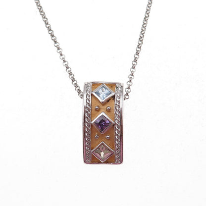 925 Sterling Silver Enamel Amethyst Blue Topaz & Citrine Rolo Chain Necklace 18"