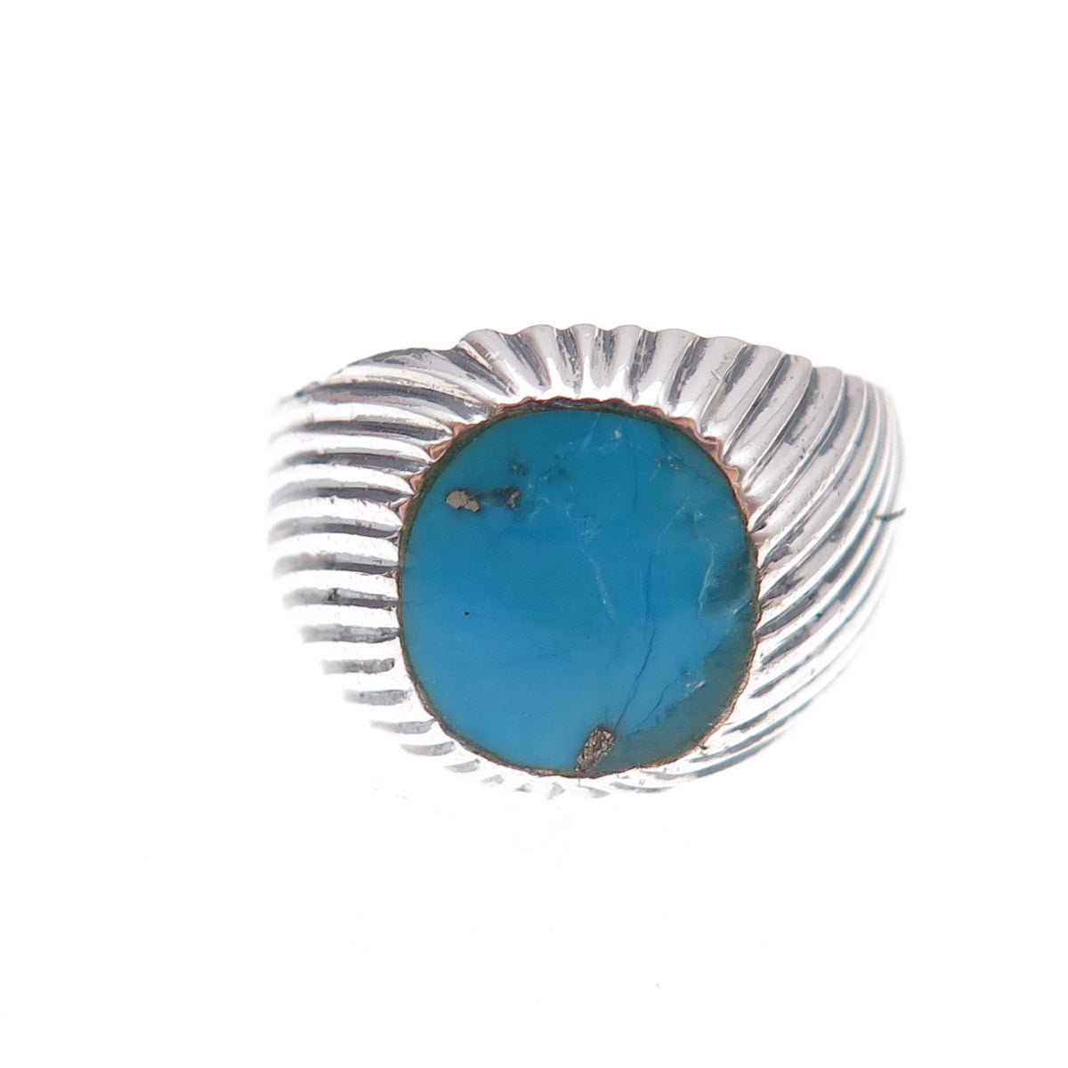 925 Sterling Silver Vintage Real Turquoise Ribbed Oxidized Ring Size 7.75