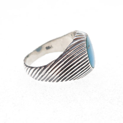925 Sterling Silver Vintage Real Turquoise Ribbed Oxidized Ring Size 7.75