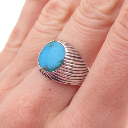 925 Sterling Silver Vintage Real Turquoise Ribbed Oxidized Ring Size 7.75