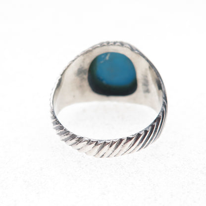 925 Sterling Silver Vintage Real Turquoise Ribbed Oxidized Ring Size 7.75