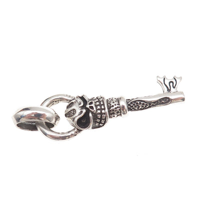 925 Sterling Silver Vintage Flaming Skeleton Key Oxidized Pendant