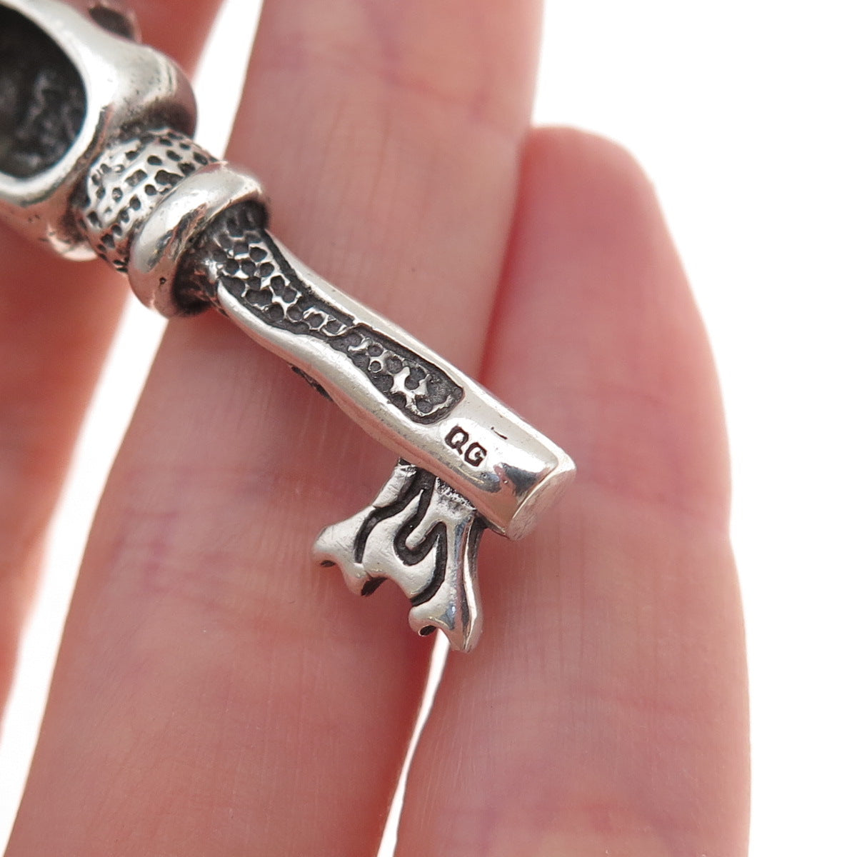 925 Sterling Silver Vintage Flaming Skeleton Key Oxidized Pendant