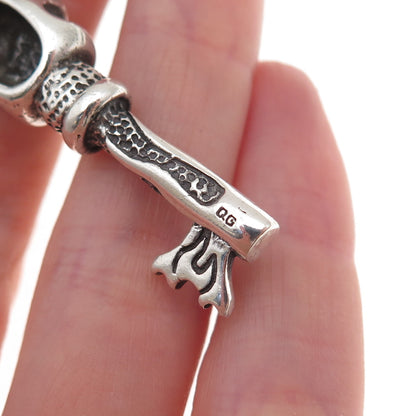 925 Sterling Silver Vintage Flaming Skeleton Key Oxidized Pendant
