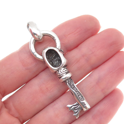 925 Sterling Silver Vintage Flaming Skeleton Key Oxidized Pendant