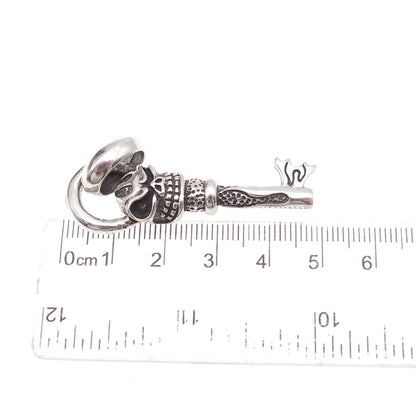 925 Sterling Silver Vintage Flaming Skeleton Key Oxidized Pendant