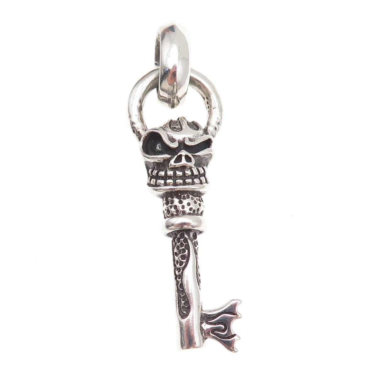 925 Sterling Silver Vintage Flaming Skeleton Key Oxidized Pendant