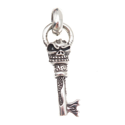 925 Sterling Silver Vintage Flaming Skeleton Key Oxidized Pendant
