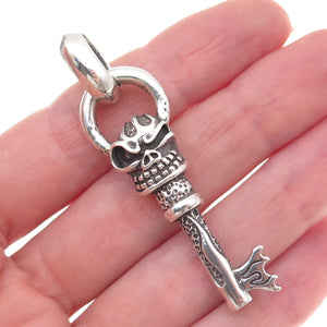 925 Sterling Silver Vintage Flaming Skeleton Key Oxidized Pendant