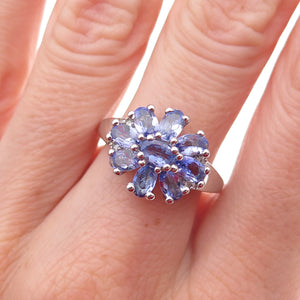 925 Sterling Silver Real Diamond & Tanzanite Floral Ring Size 8