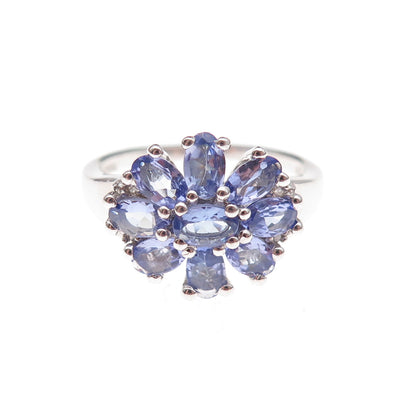 925 Sterling Silver Real Diamond & Tanzanite Floral Ring Size 8