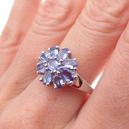 925 Sterling Silver Real Diamond & Tanzanite Floral Ring Size 8