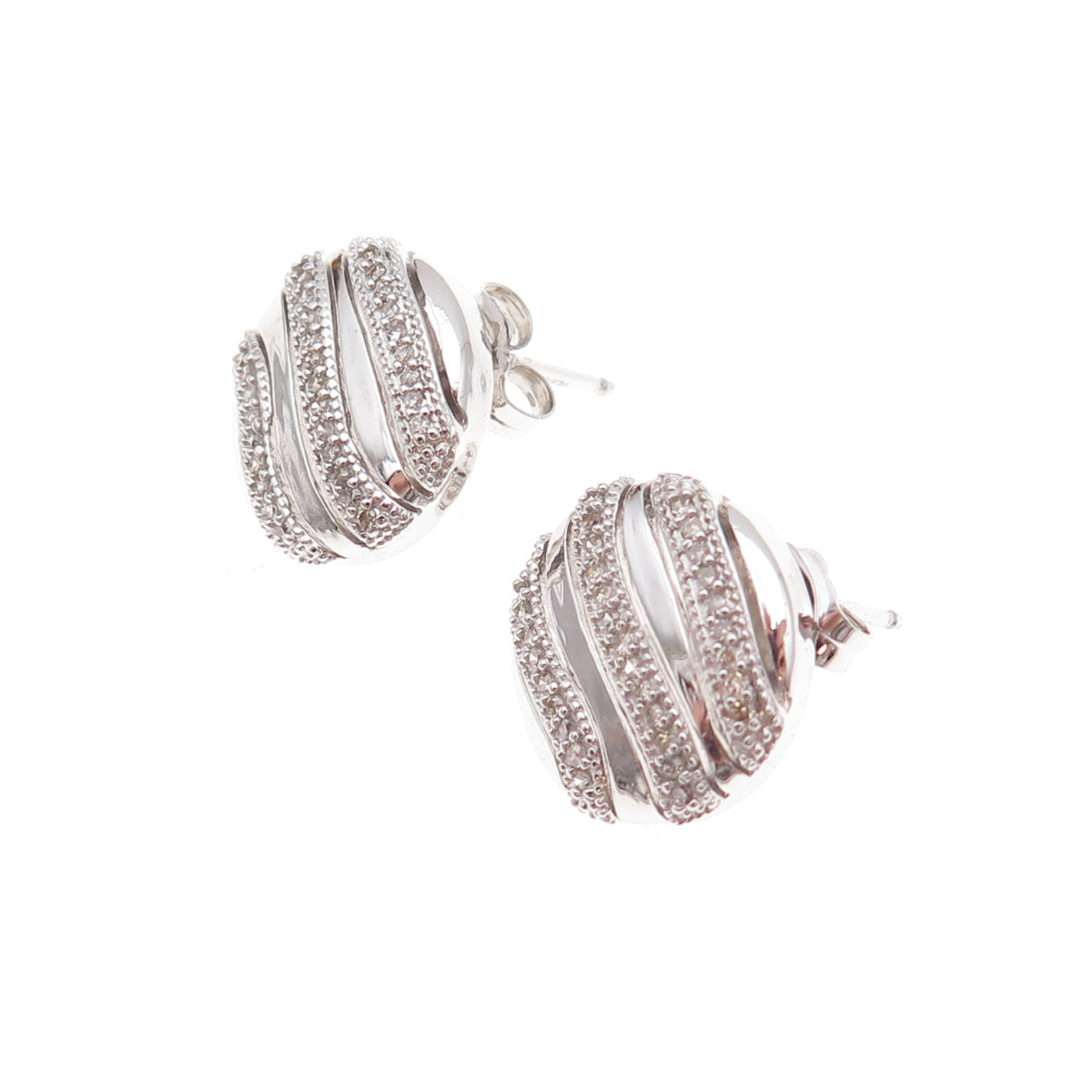 Atelier 925 Sterling Silver Mexico Real Round-Cut Diamond Wavy Disc Earrings