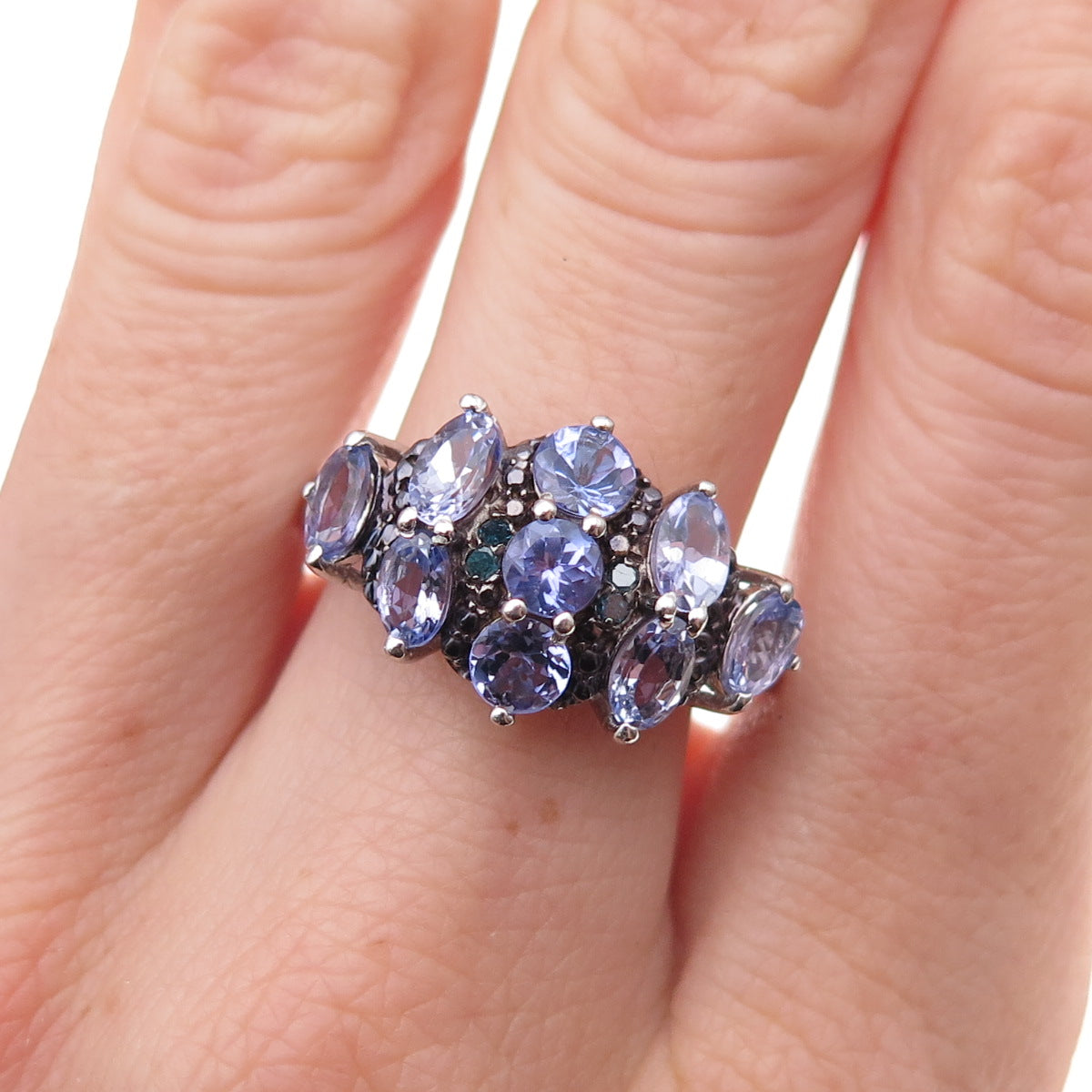 Chuck Clemency 925 Sterling Silver Real Blue Diamond & Tanzanite Ring Size 8