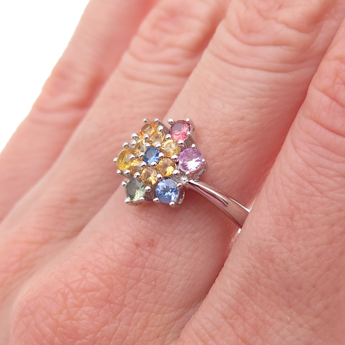 925 Sterling Silver Real Round-Cut Multi-Color Sapphire Ring Size 8.25