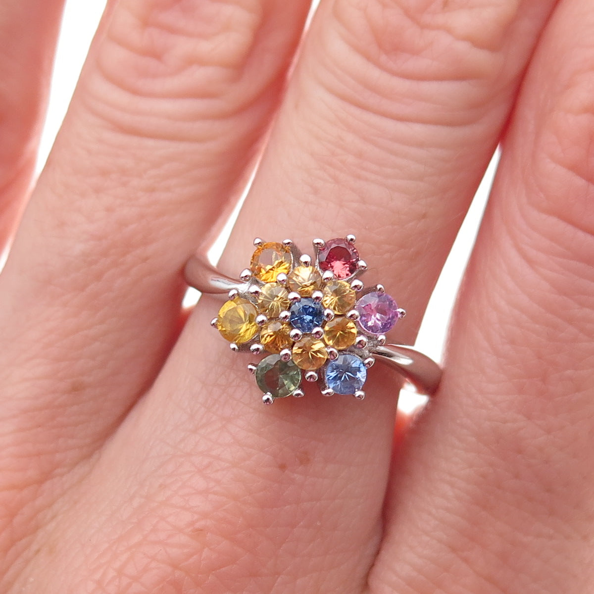 925 Sterling Silver Real Round-Cut Multi-Color Sapphire Ring Size 8.25