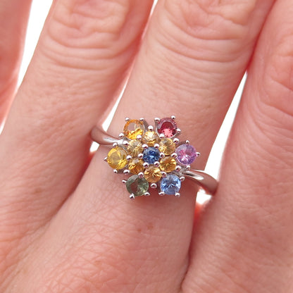 925 Sterling Silver Real Round-Cut Multi-Color Sapphire Ring Size 8.25
