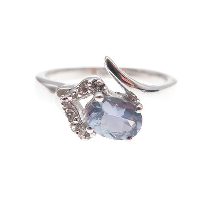925 Sterling Silver Real Tanzanite & White Topaz Bypass Ring Size 8