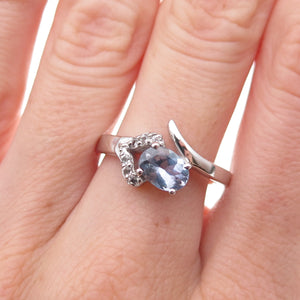 925 Sterling Silver Real Tanzanite & White Topaz Bypass Ring Size 8