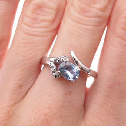 925 Sterling Silver Real Tanzanite & White Topaz Bypass Ring Size 8