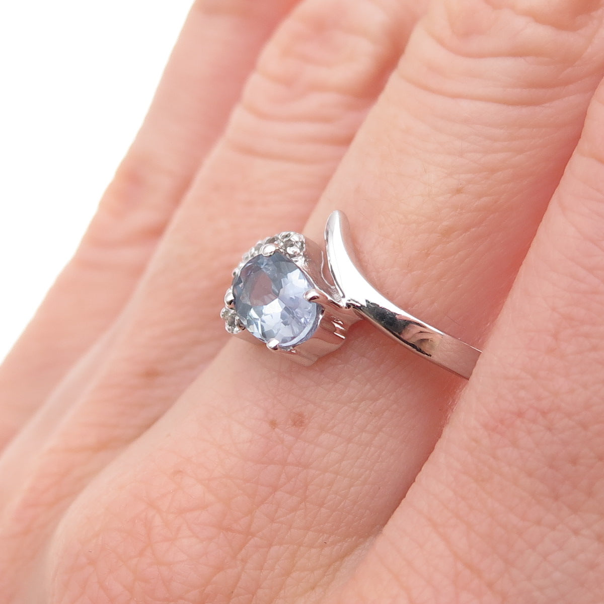 925 Sterling Silver Real Tanzanite & White Topaz Bypass Ring Size 8
