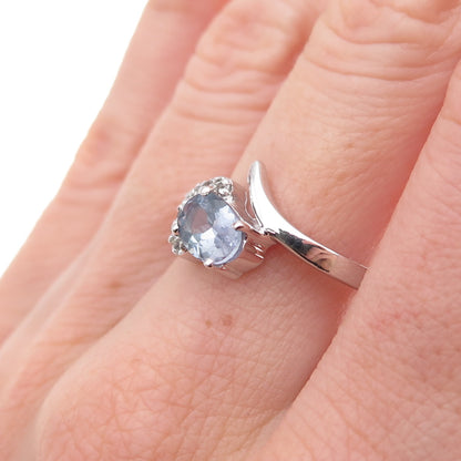 925 Sterling Silver Real Tanzanite & White Topaz Bypass Ring Size 8