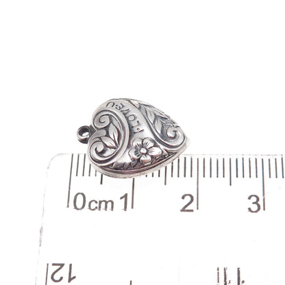 925 Sterling Silver Antique Art Deco I Love You Floral Heart Chatelaine Pendant