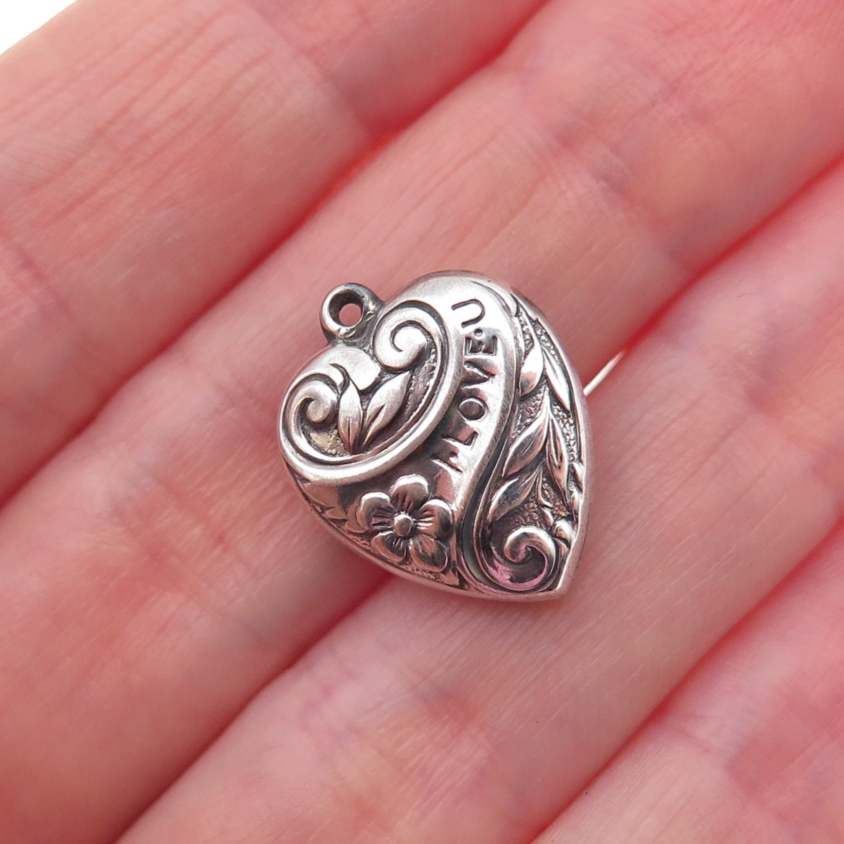 925 Sterling Silver Antique Art Deco I Love You Floral Heart Chatelaine Pendant