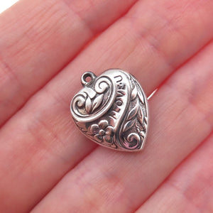 925 Sterling Silver Antique Art Deco I Love You Floral Heart Chatelaine Pendant