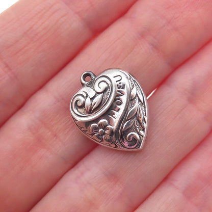 925 Sterling Silver Antique Art Deco I Love You Floral Heart Chatelaine Pendant