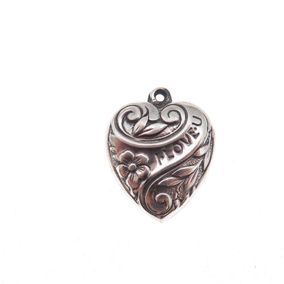 925 Sterling Silver Antique Art Deco I Love You Floral Heart Chatelaine Pendant