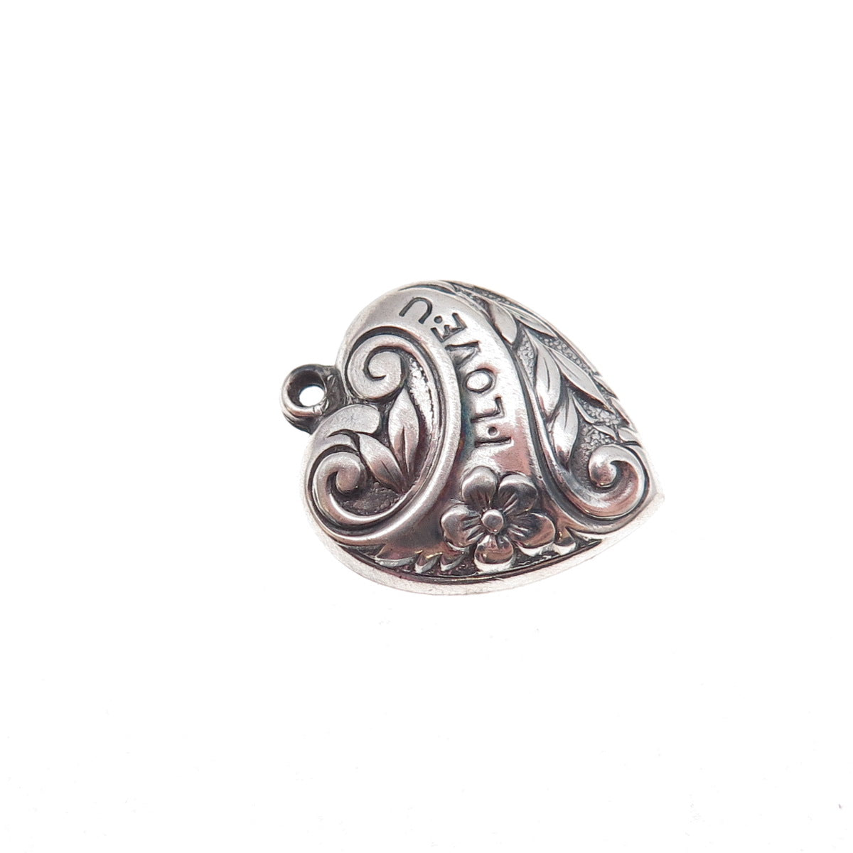 925 Sterling Silver Antique Art Deco I Love You Floral Heart Chatelaine Pendant