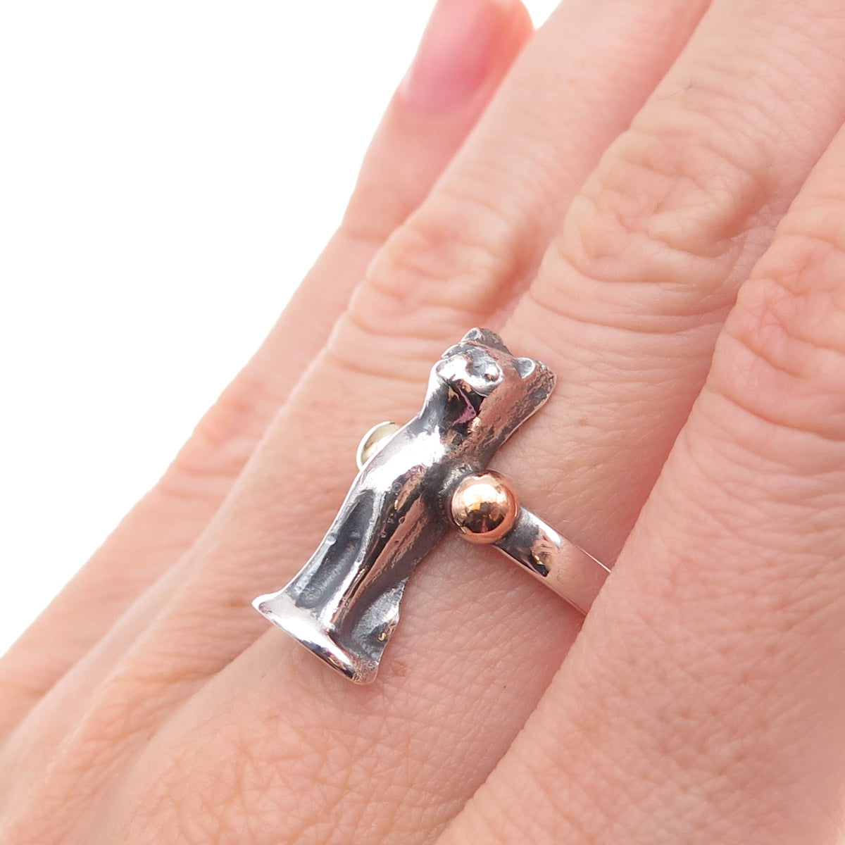 Louis Booth 925 Sterling Silver 2-Tone Vintage Cat Oxidized Ring Size 6.25