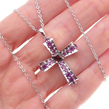 925 Sterling Silver Mexico Real Garnet & Amethyst Cross Chain Necklace 18"