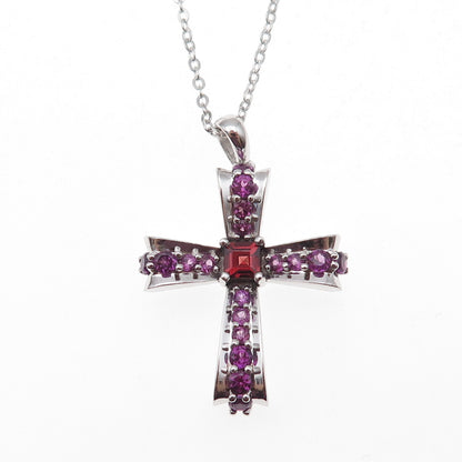 925 Sterling Silver Mexico Real Garnet & Amethyst Cross Chain Necklace 18"