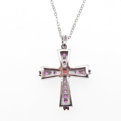 925 Sterling Silver Mexico Real Garnet & Amethyst Cross Chain Necklace 18"