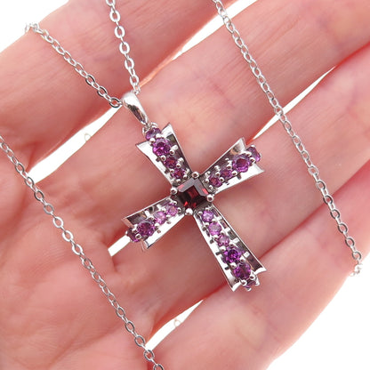 925 Sterling Silver Mexico Real Garnet & Amethyst Cross Chain Necklace 18"