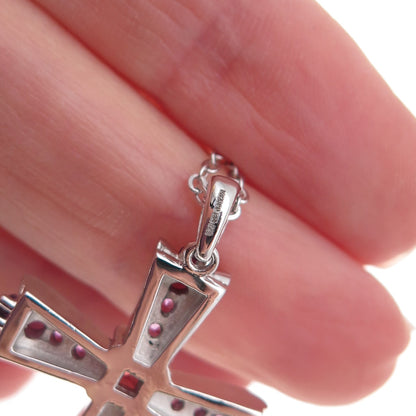 925 Sterling Silver Mexico Real Garnet & Amethyst Cross Chain Necklace 18"