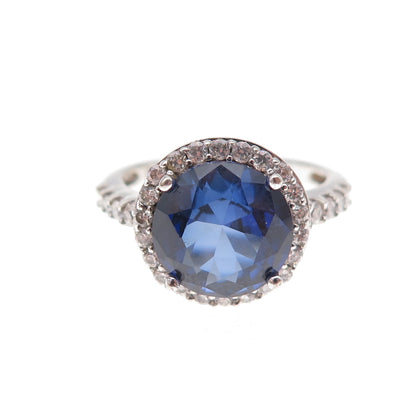 925 Sterling Silver Round-Cut Blue & White C Z Ring Size 7