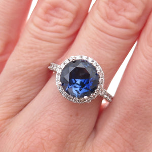 925 Sterling Silver Round-Cut Blue & White C Z Ring Size 7