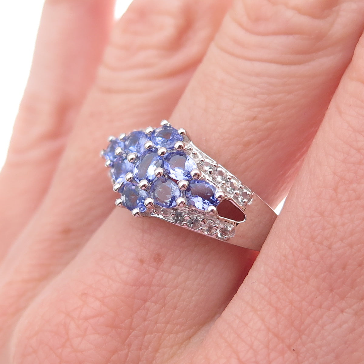 925 Sterling Silver Real Tanzanite & White Topaz Ring Size 8