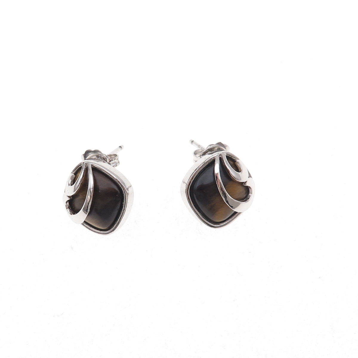925 Sterling Silver Mexico Real Tiger Eye Wavy Scroll Earrings